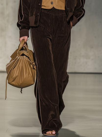 Fashion Retro Cocoa Brown Velvet Ribbed Jacket Wide-Leg Pants Sports Set