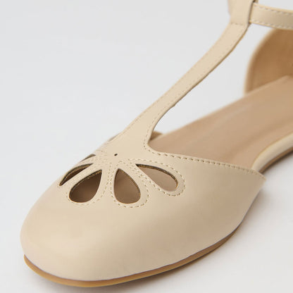 Faux Leather Round Toe Buckle T-Strap Beige Flat Shoes for Women