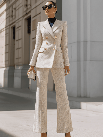 Beige Double-Breasted Tweed Pantsuit With Gold Buttons