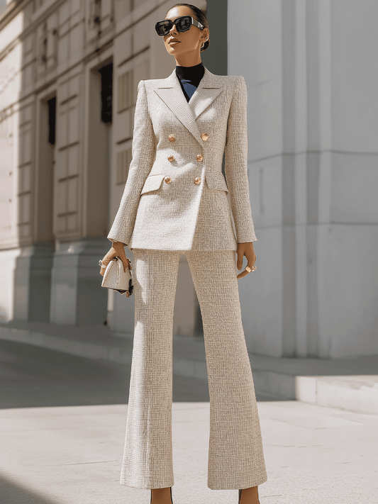 Beige Double-Breasted Tweed Pantsuit With Gold Buttons