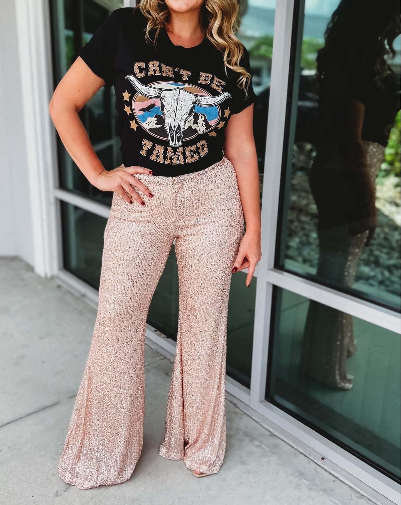 One Step Away Sequin Flare Pants