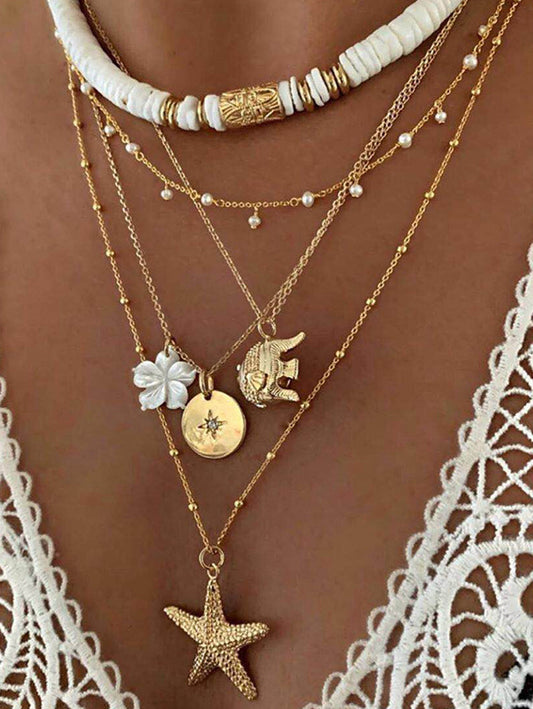 Fashion Multi-layer Flower Starfish Beaded Set Alloy Necklaces