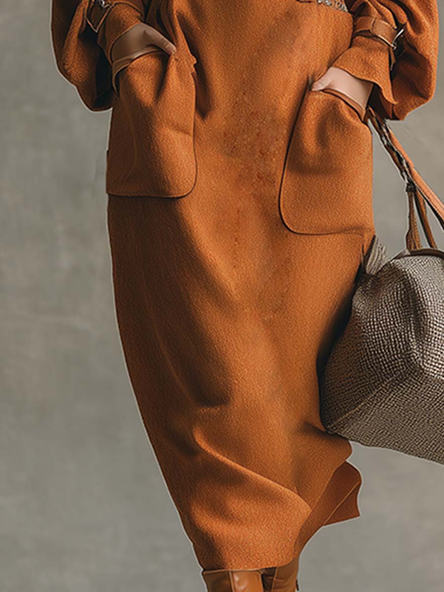 Elegant Loose Orange Round Neck Pocket Woolen Maxi Dress