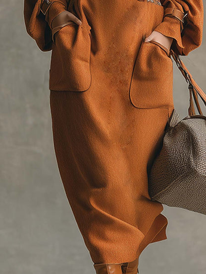 Elegant Loose Orange Round Neck Pocket Woolen Maxi Dress