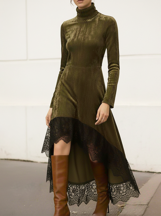 Elegant Vintage Stand-up Collar Long-sleeved Lace Hem Velvet Dress