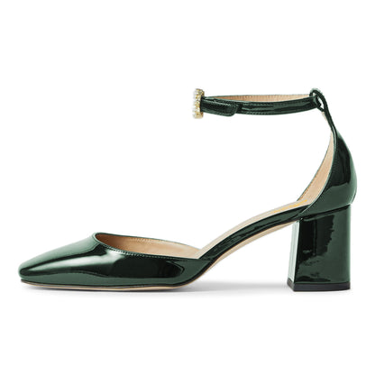 Dark Green Pearl Buckle Strap Square Toe Block Heel Pumps for Women