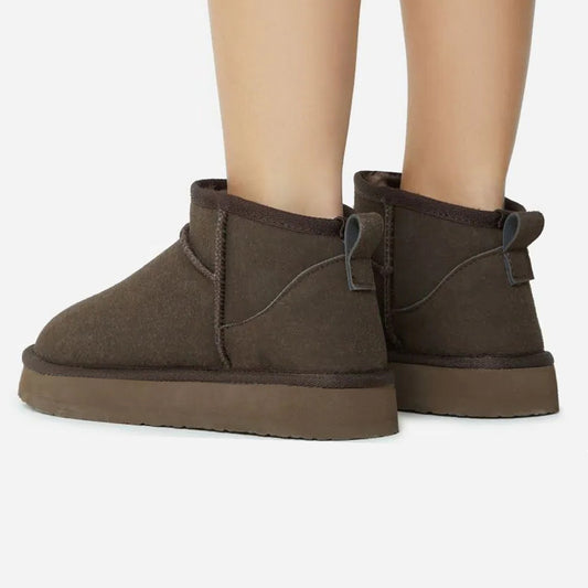 Dark Brown Round Toe Furry Lining Flat Women's Snow Boots