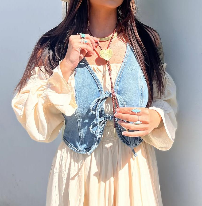 V Neck Lace-up Denim Vest