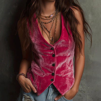 Fashion V Neck Sleeveless Single Breasted Velvet Vest
