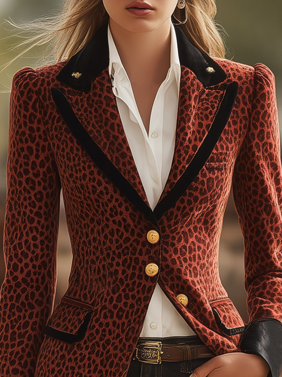 Western Retro Leopard Print Maroon Velvet Blazer