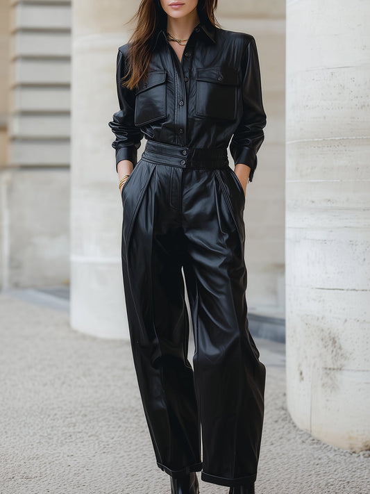 Faux Leather Single-Breasted Two-Piece Set