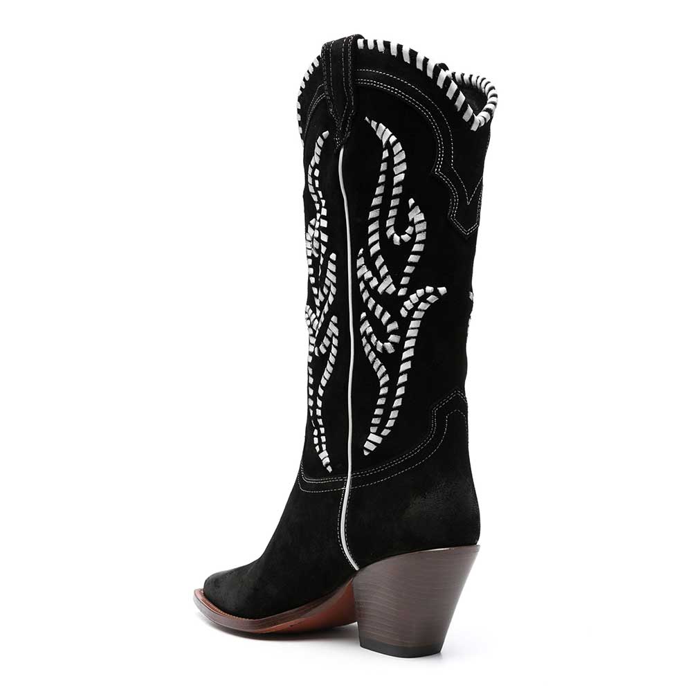 Faux Suede Pointed Ivory Stitched Inlay Wide Calf Cowgirl Boots in Black