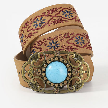 Ethnic Floral Leaf Pattern Embroidered Buckle Belt