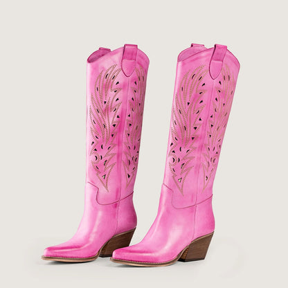 Embroidered Snip Toe Block Heel Cute Fuchsia Knee-High Cowgirl Boots