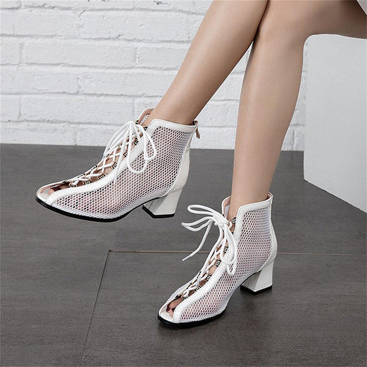 Fashion White Mesh Peep Toe Chunky Heel Lace Up Booties for Women