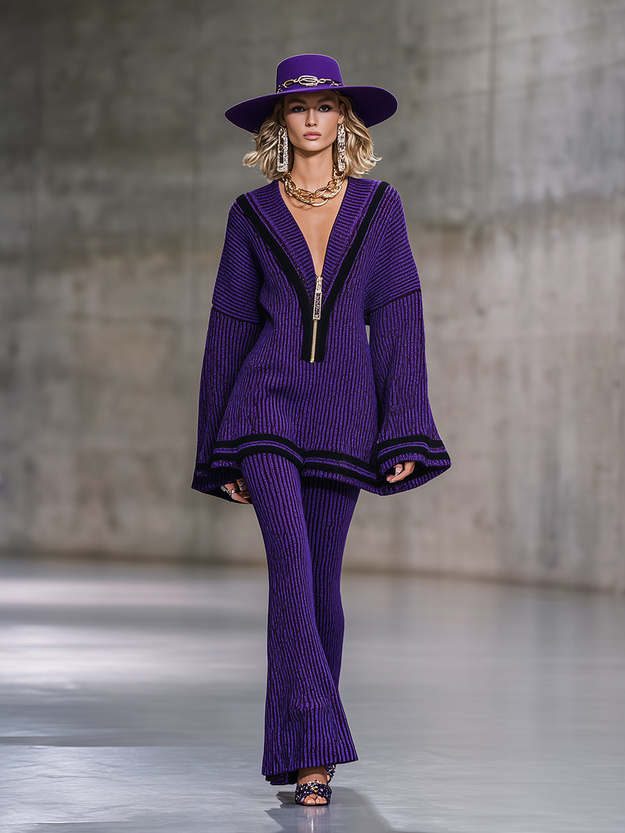 Elegant And Fashionable Half-zip Knitted Top And Flared Pants Purple Set