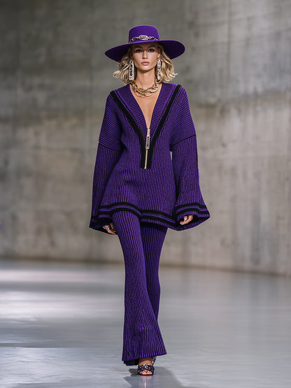 Elegant And Fashionable Half-zip Knitted Top And Flared Pants Purple Set