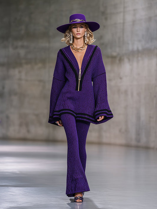 Elegant And Fashionable Half-zip Knitted Top And Flared Pants Purple Set