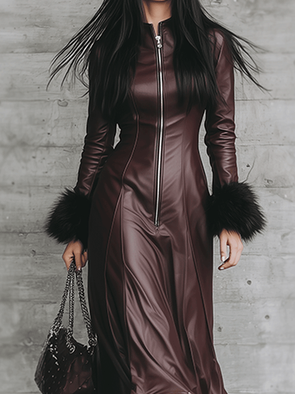Elegant Burgundy Leather And Fur Trim Maxi Dress