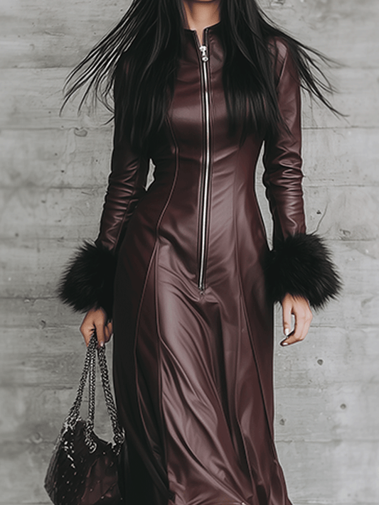 Elegant Burgundy Leather And Fur Trim Maxi Dress