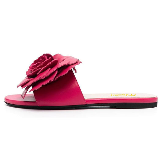 Elegant Fuchsia Round Toe Flower Flat Slip On Sandals for Women