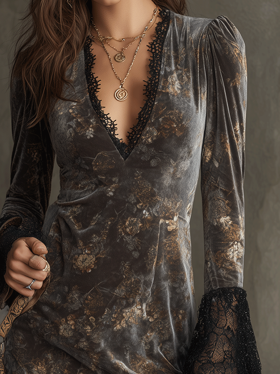 Floral Velvet Lace Trim Mini Dress