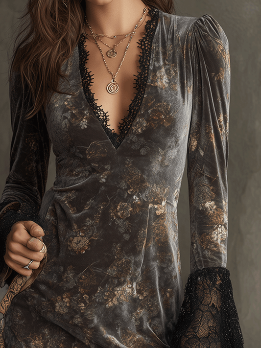 Floral Velvet Lace Trim Mini Dress