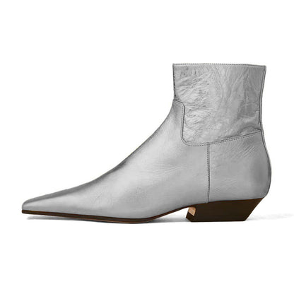 Fashion Silver Metallic Square Toe Chunky Heel Booties for Women