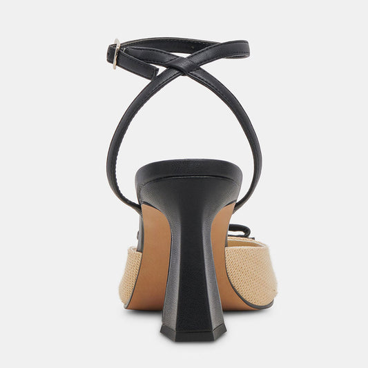 Beige & Black Open Square Toe Flared Heel Ankle Strap Women's Sandals