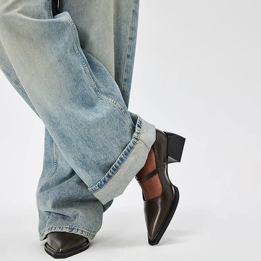 Dark Brown Pointed Toe Block Heel Buckle Mary Jane Pumps for Women