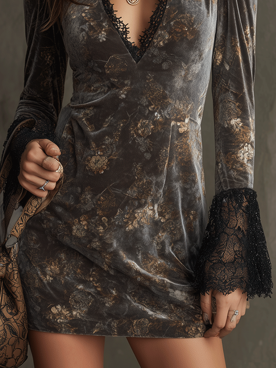 Floral Velvet Lace Trim Mini Dress