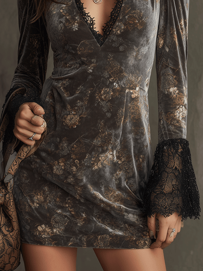 Floral Velvet Lace Trim Mini Dress