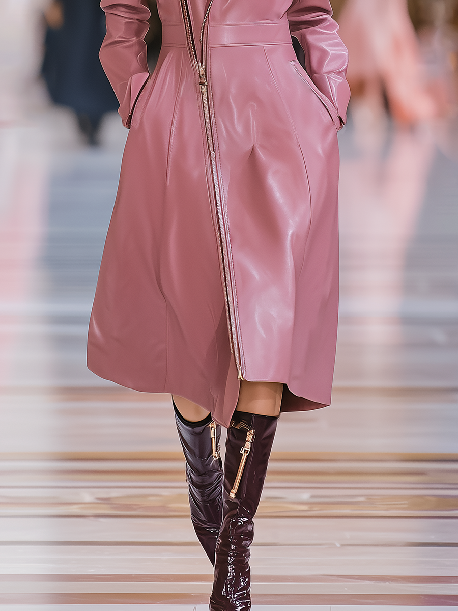 Fashion Retro Lapel Mid-length Faux Leather Coat