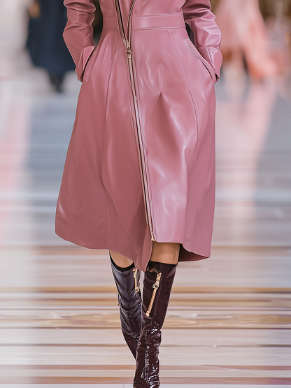 Fashion Retro Lapel Mid-length Faux Leather Coat