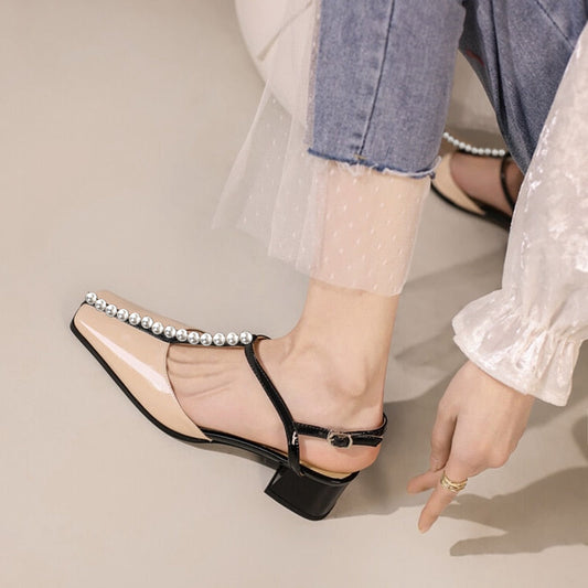 Beige & Black Patent Leather Square Toe Block Heel T-Strap Pumps