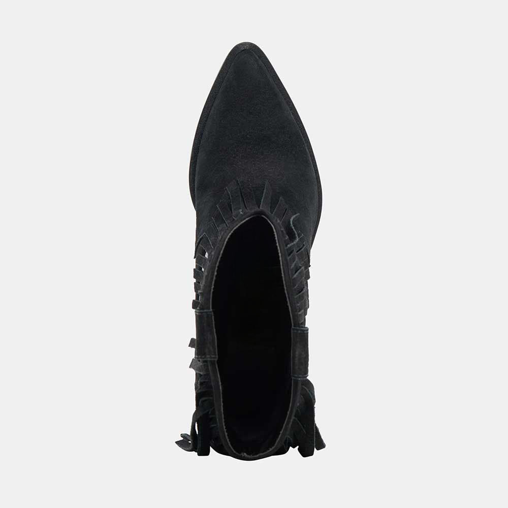 Faux Suede Pointed Toe Embroidered Black Fringe Western Boots