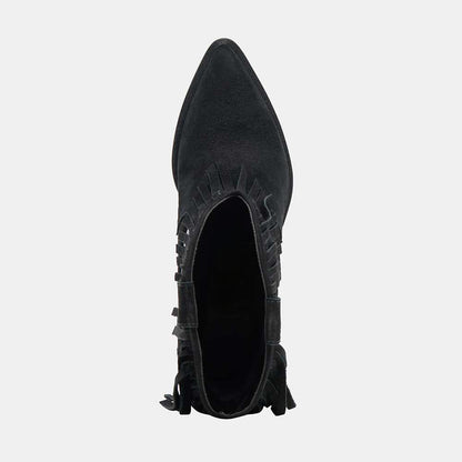 Faux Suede Pointed Toe Embroidered Black Fringe Western Boots