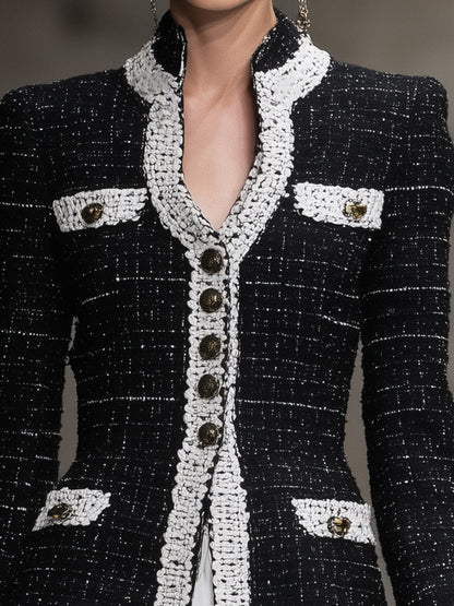 Fashionable Black Tweed Patchwork Ribbon Jacket