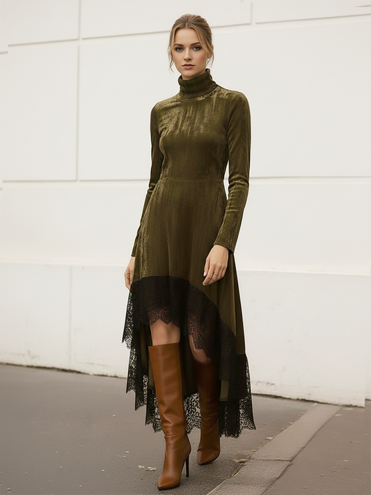Elegant Vintage Stand-up Collar Long-sleeved Lace Hem Velvet Dress