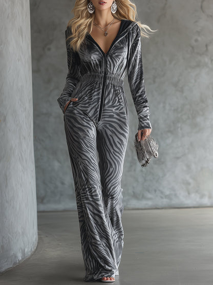Fashionable Nomadic Style Hooded Zebra Print Velvet Jumpsuit