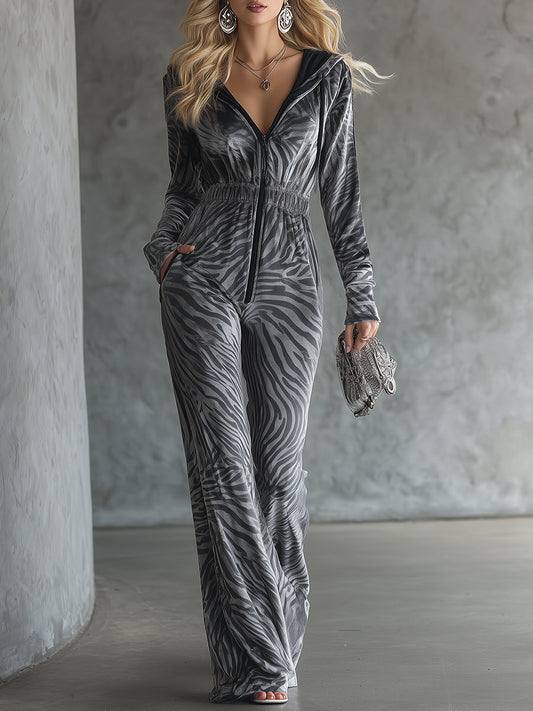 Fashionable Nomadic Style Hooded Zebra Print Velvet Jumpsuit