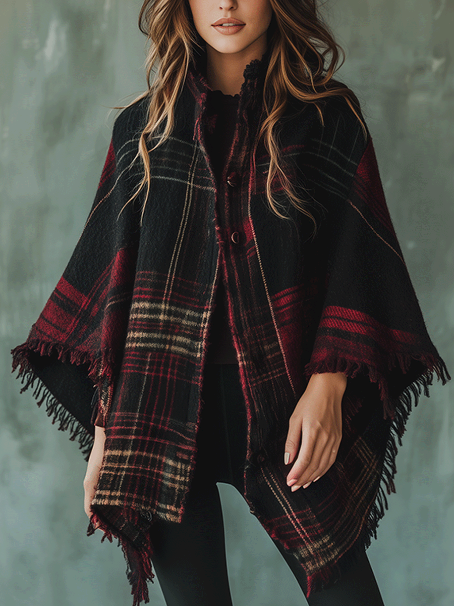 Fashionable Plaid Tassel Cape