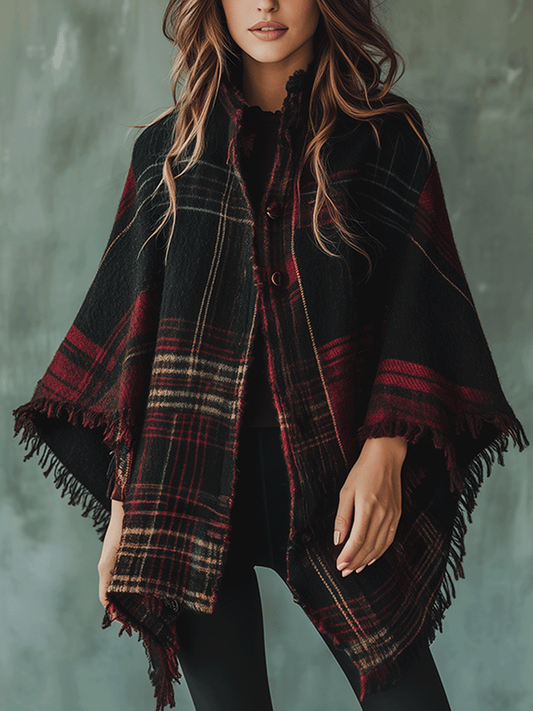 Fashionable Plaid Tassel Cape