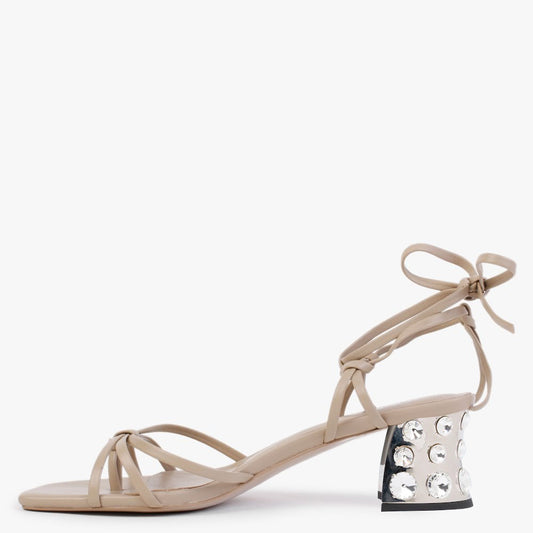 Beige Square Toe Decorative Heel Strappy Sandals