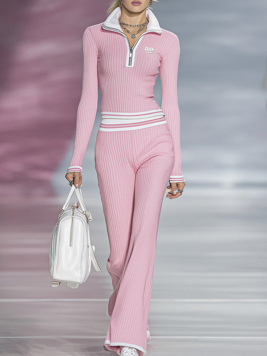 Fashionable Sports Pink Half-zip Top And Pants Set
