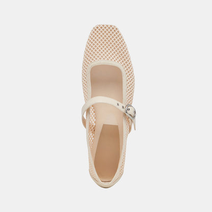 Beige Fishnet Square Toe Flat Buckle Strap Mary Jane Shoes for Women