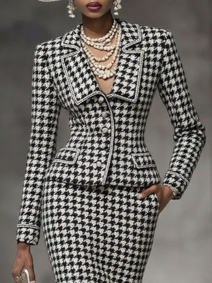 Elegant Black And White Houndstooth Lapel Blazer And Skirt Set