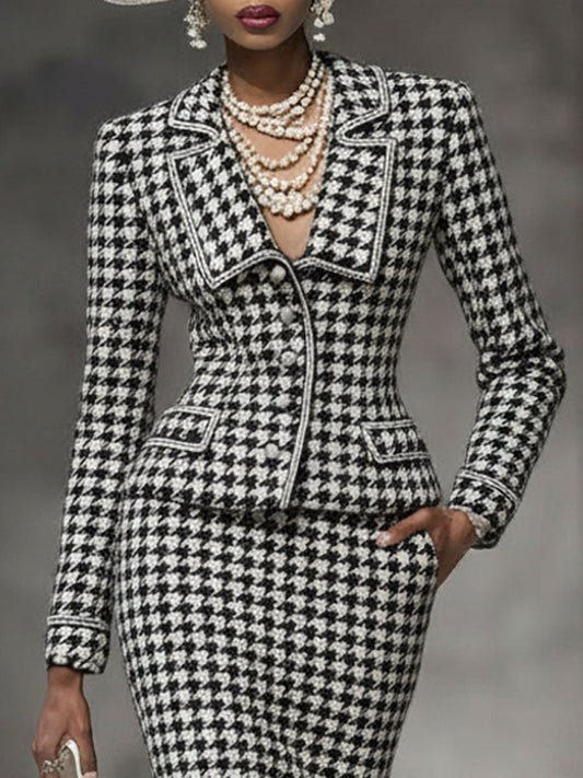 Elegant Black And White Houndstooth Lapel Blazer And Skirt Set