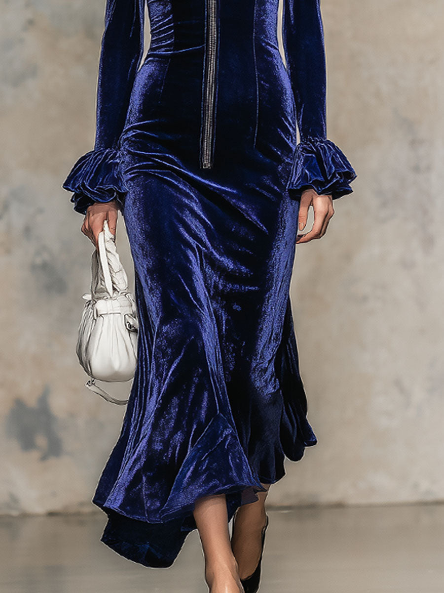 Elegant Faux Leather Lapel Long Zipper Velvet Maxi Dress