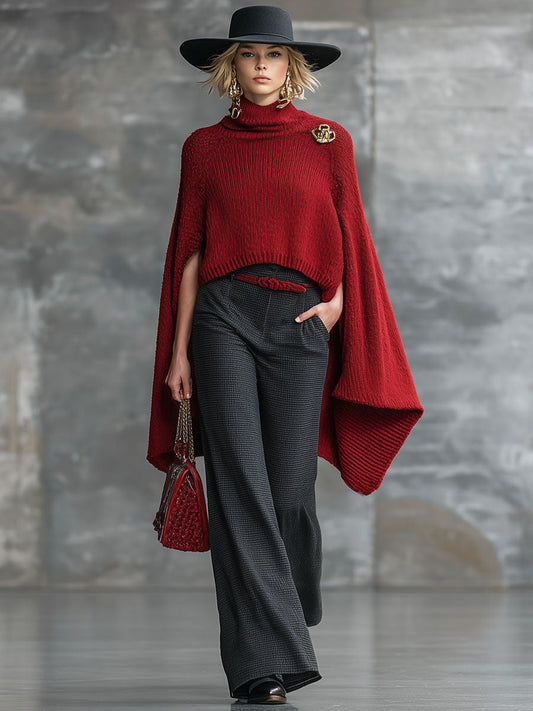 Fashion Retro Red Knitted Cape Sweater